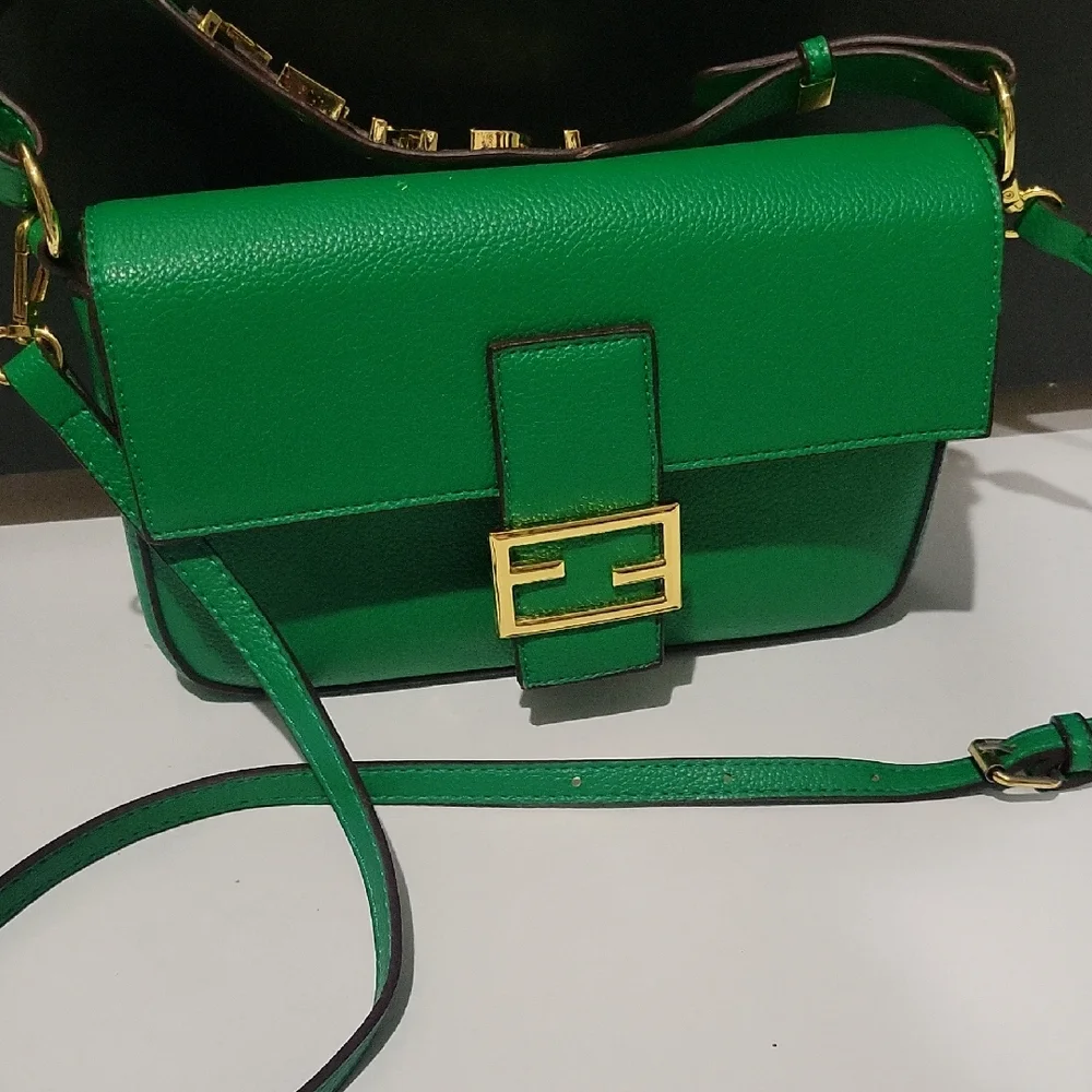 Green Leather Crossbody Bag with Gold Buckle - Picture 1 of 6